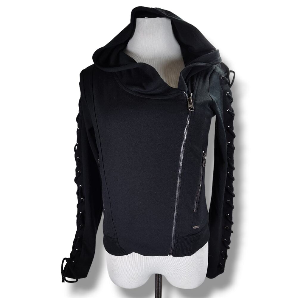 Triple Five Soul Moto Jacket Lace Up Sleeve Gothic Hooded Black Small